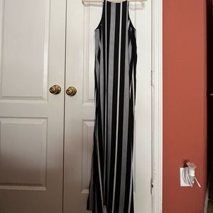 Stiped, black & white, maxi dress, two side slits, high neck, open back